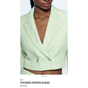 ZARA XS Light Green Tweed Cropped Jacket Notched Collar Summer Weight
